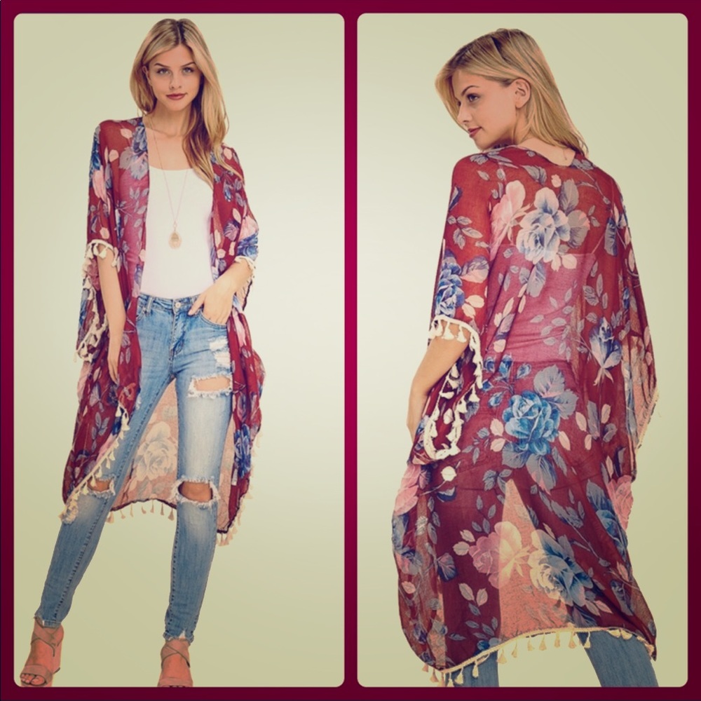 Burgundy Floral Print Kimono